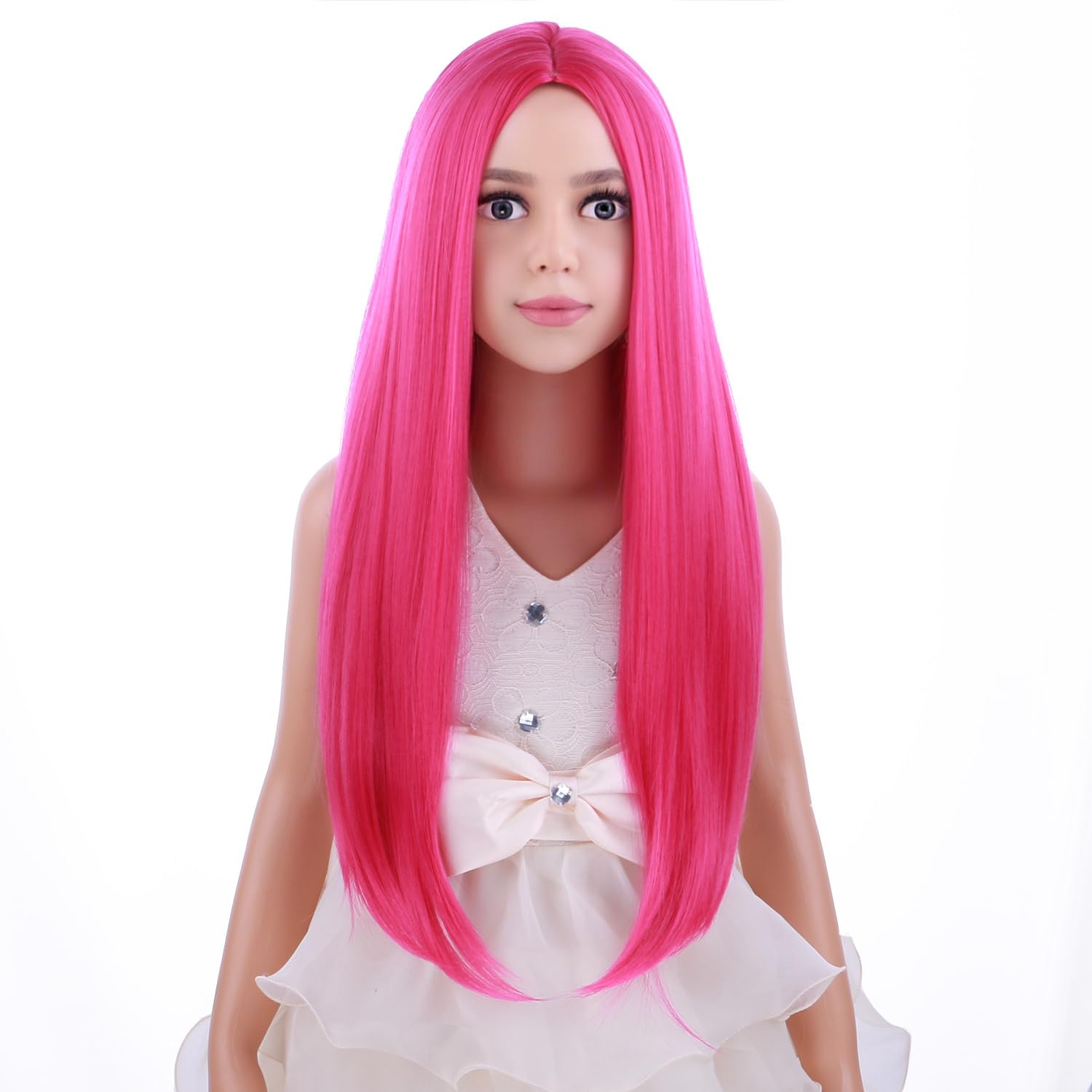 PATTNIUM Peluca larga y recta rosa para niños y niñas, color rosa intenso, peluca magenta rosa neón, peluca sintética larga con parte media y gorra