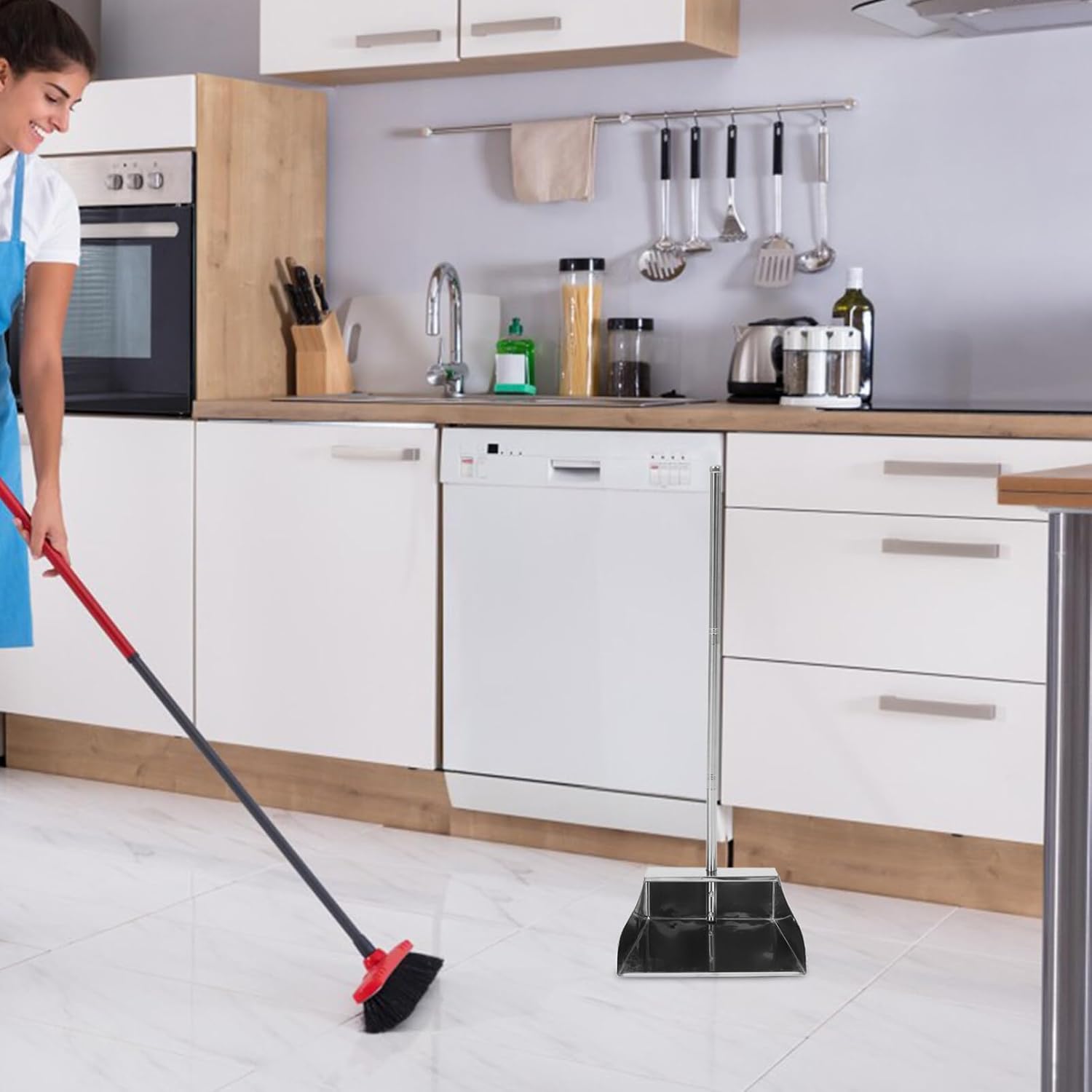 Recogedor de pie resistente con mango largo vertical para interiores y exteriores, suministros de limpieza para vestíbulo, garaje, hogar y patio,