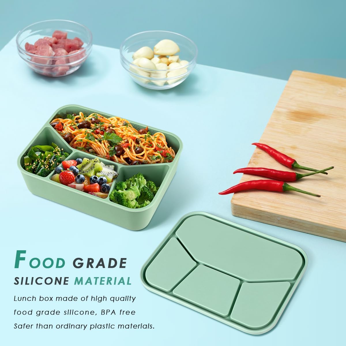 Keweis Caja Bento de silicona, contenedor de 4 compartimentos con tapas, cajas Bento para ensaladas a prueba de fugas, herméticas, aptas para