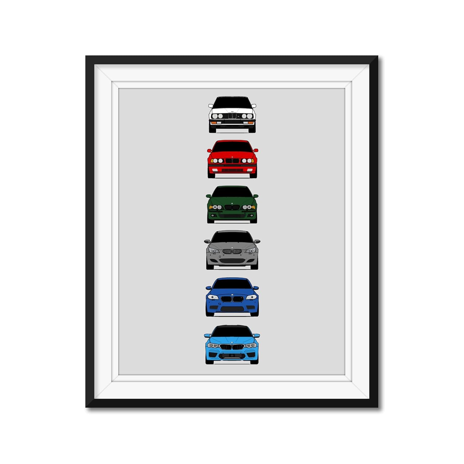 BMW M5 Generations Inspired Car Poster – Handmade Print of BMW Car Models E28, E34, E39, E60, F10, F90 – Multi, 24×36″ Metallic Print