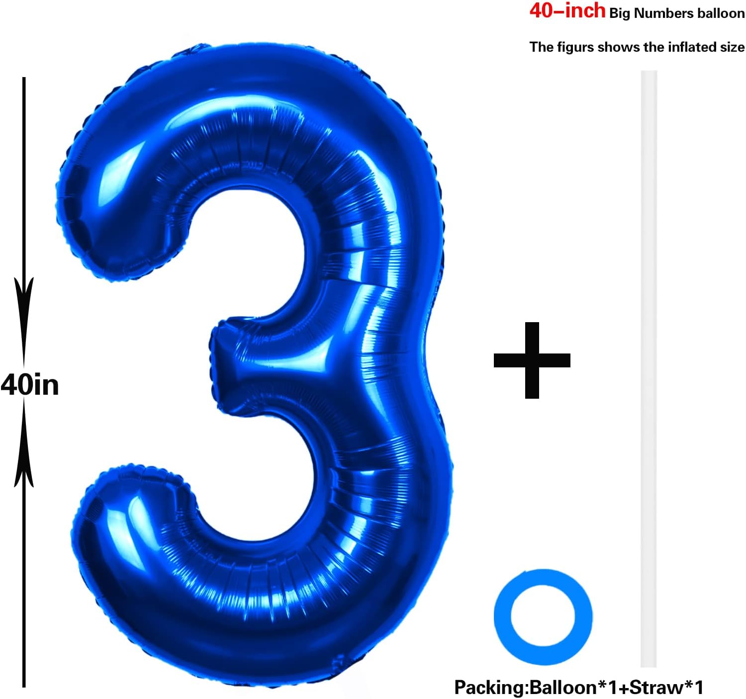 Globo azul número 3 de 40 pulgadas, tamaño extra grande, globos de helio de aluminio de Mylar 3 para fiestas de cumpleaños, decoraciones de
