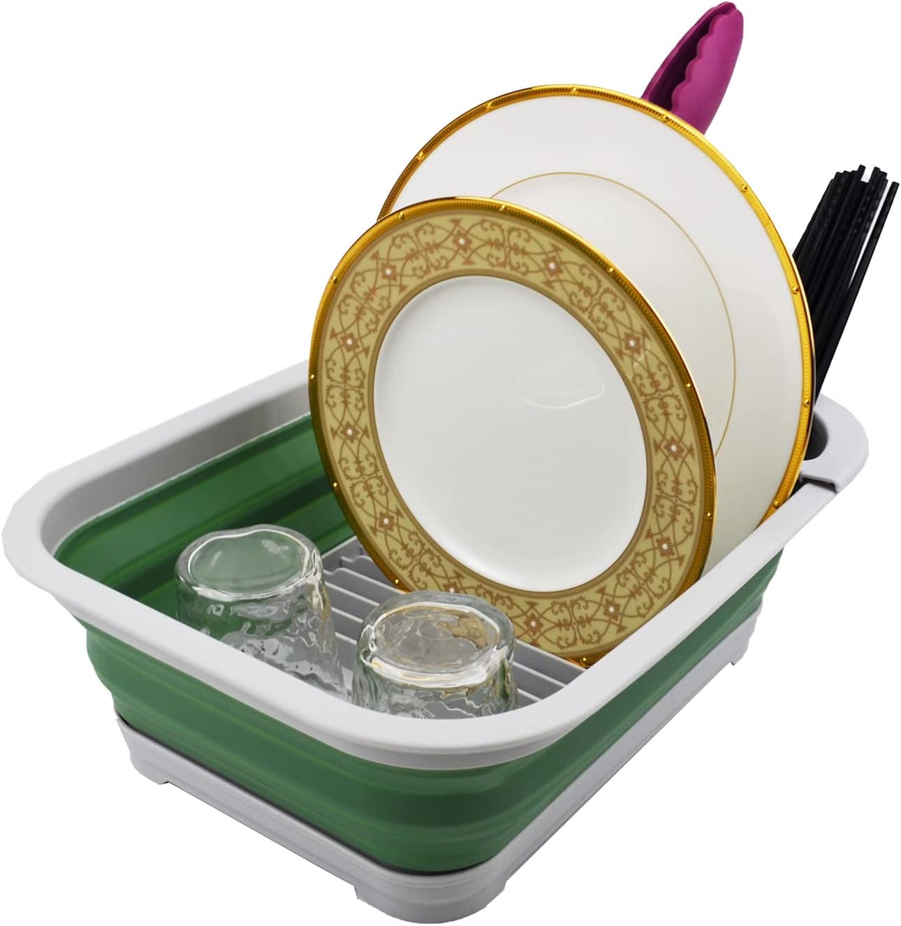 SAMMART Escurridor de platos de plástico plegable de 7.3L (1.9 galones) con escurridor, juego de escurridor plegable, organizador de vajilla