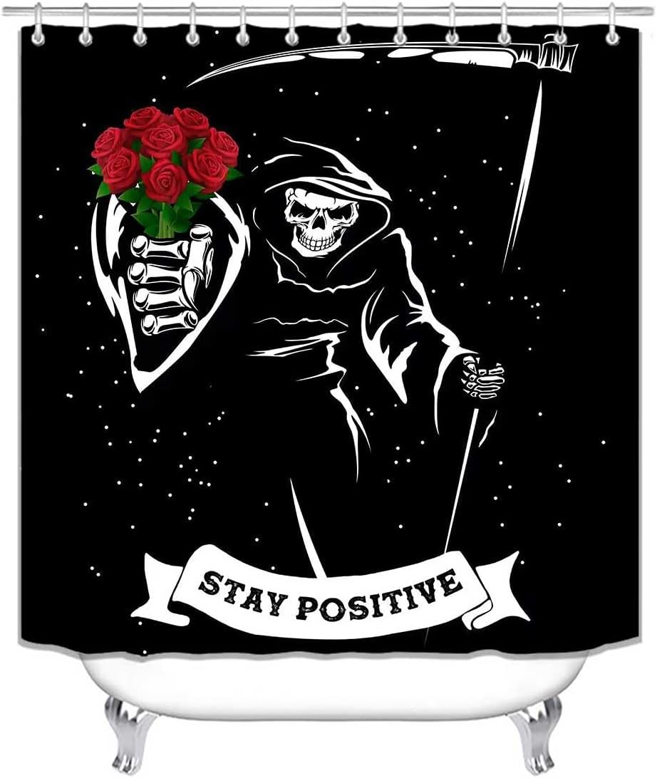 Jayden Madge – Juego de 4 cortinas de ducha con diseño de calavera, citas positivas, esqueleto de la muerte en blanco y negro, ramo de rosas rojas,