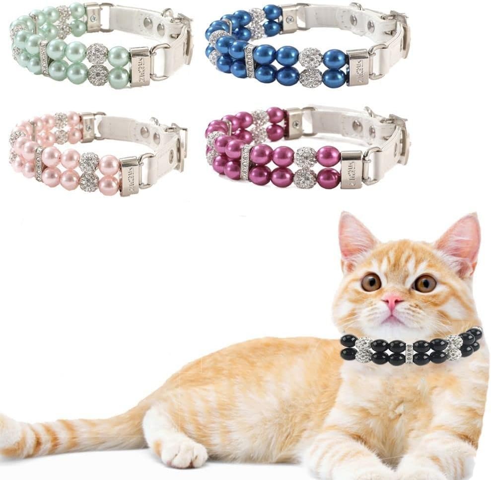 Collar para gato, 1 collar para mascotas, collar de perlas artificiales con diamantes de imitación para gato, gargantilla ajustable para mascotas,