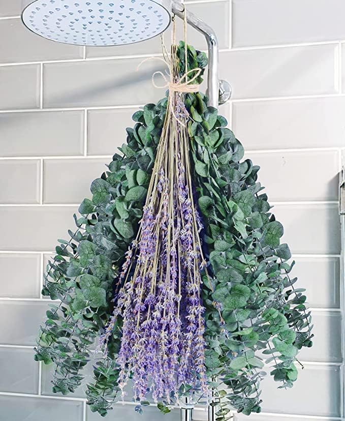 115 paquetes de flores de eucalipto y lavanda para ducha, planta de ducha colgante mejorada de 17 pulgadas, hojas de eucalipto reales naturales,