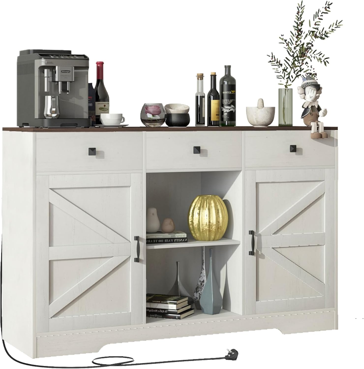 Gabinete de café blanco, gabinete de almacenamiento de bufé de cocina de 54 pulgadas con puertas y cajones, aparador de granja, mesa de bufé,