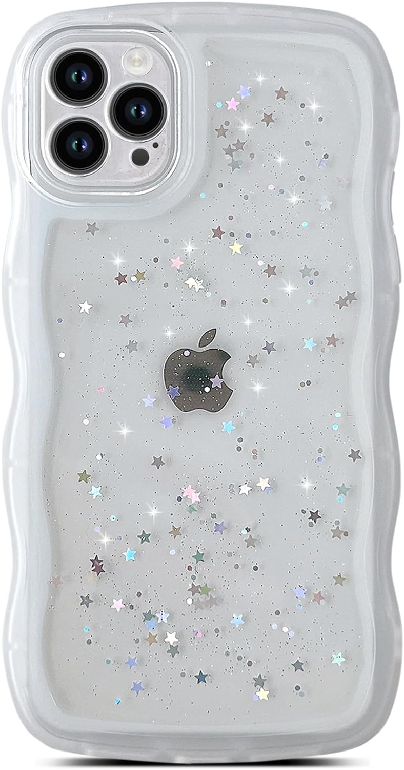 Qokey Funda para iPhone 13 Pro Max de 6.7 pulgadas, diseño de borde ondulado rizado, transparente, con purpurina brillante, bonita funda