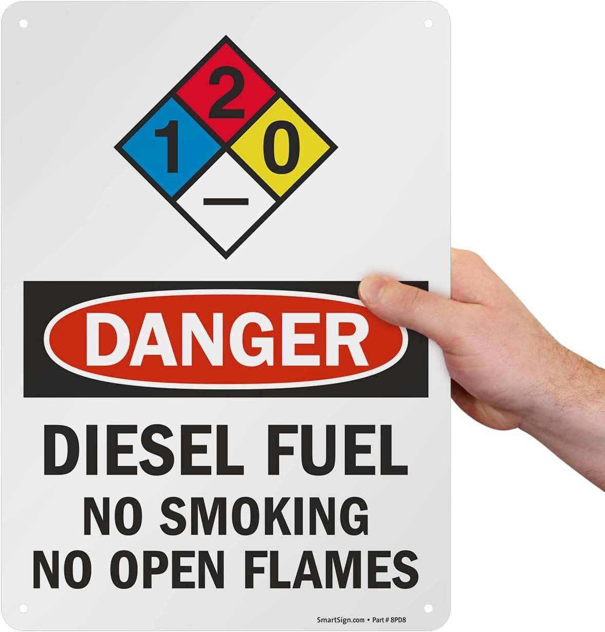 Señales de seguridad SmartSign. Mensajes “Danger Diesel Fuel No Smoking No Open Flames”, letras negras o rojas sobre fondo blanco., 1