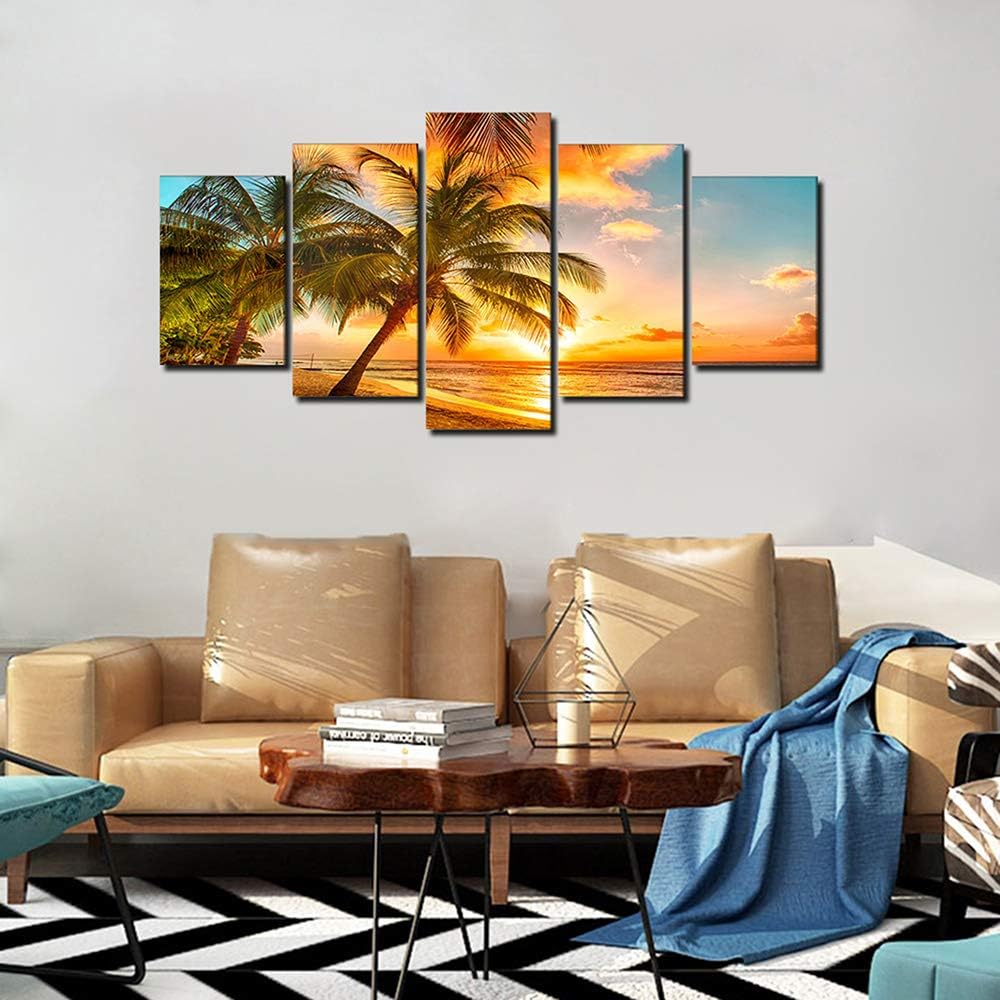 Póster de paisaje marino dorado, arte de pared de playa y océano, obra de arte acogedora de mar, puesta de sol y mar, playa, lienzo, pinturas sobre