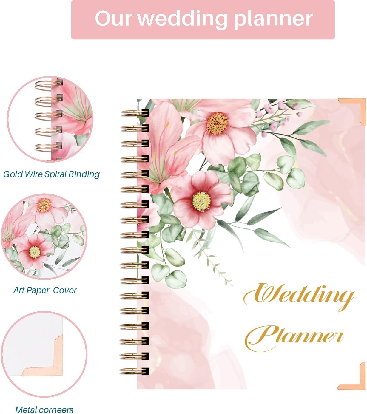 Agenda de boda rosa y organizador para la novia, planificador de boda, libro de compromiso único para parejas recién comprometidas, organizador de