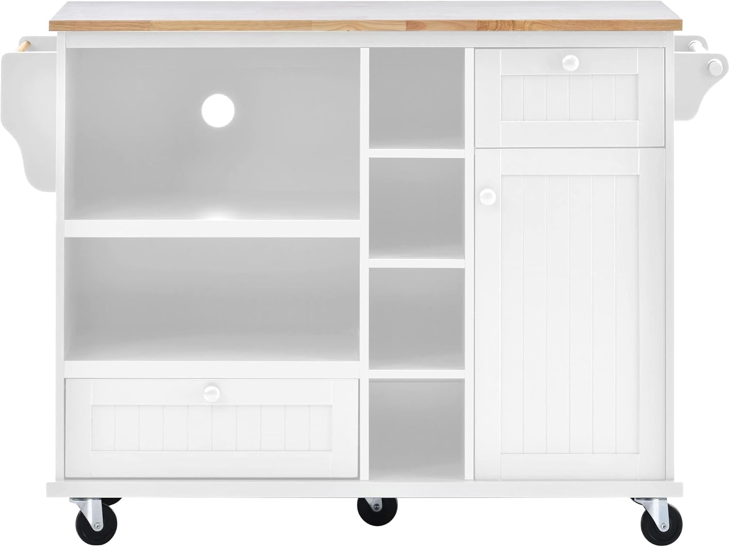 Olela Carrito de isla de cocina con almacenamiento, mesa de cocina móvil rodante para microondas con ruedas con estantes abiertos, cajones y
