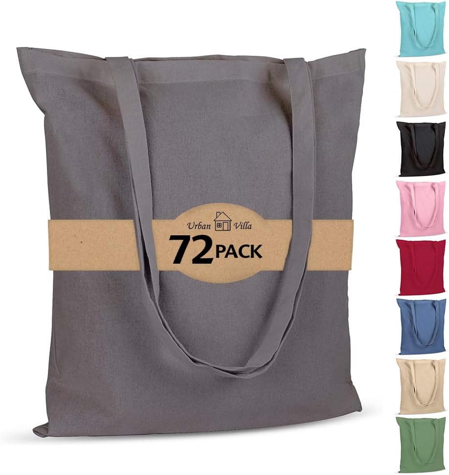 Urban Villa Paquete de 72 bolsas de comestibles reutilizables de 15 x 16 pulgadas con mango largo de 27 pulgadas, color gris, 100% algodón, bolsas