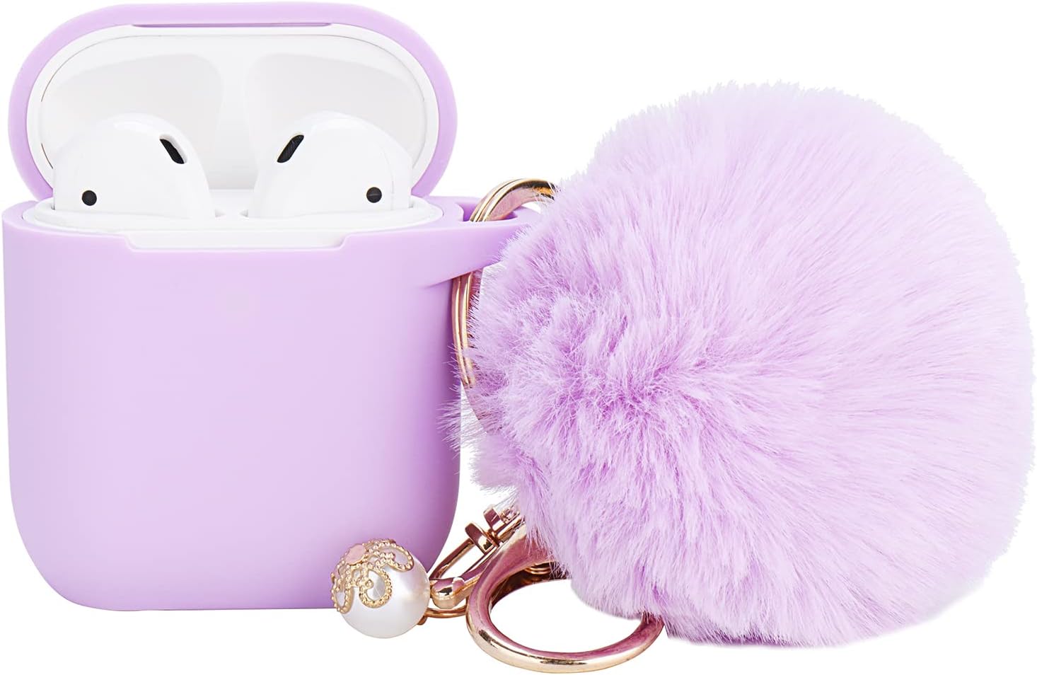 Bonita funda morada para mujer, bonita funda diseñada para AirPods con pompones, funda protectora de silicona compatible con AirPods 12, accesorios