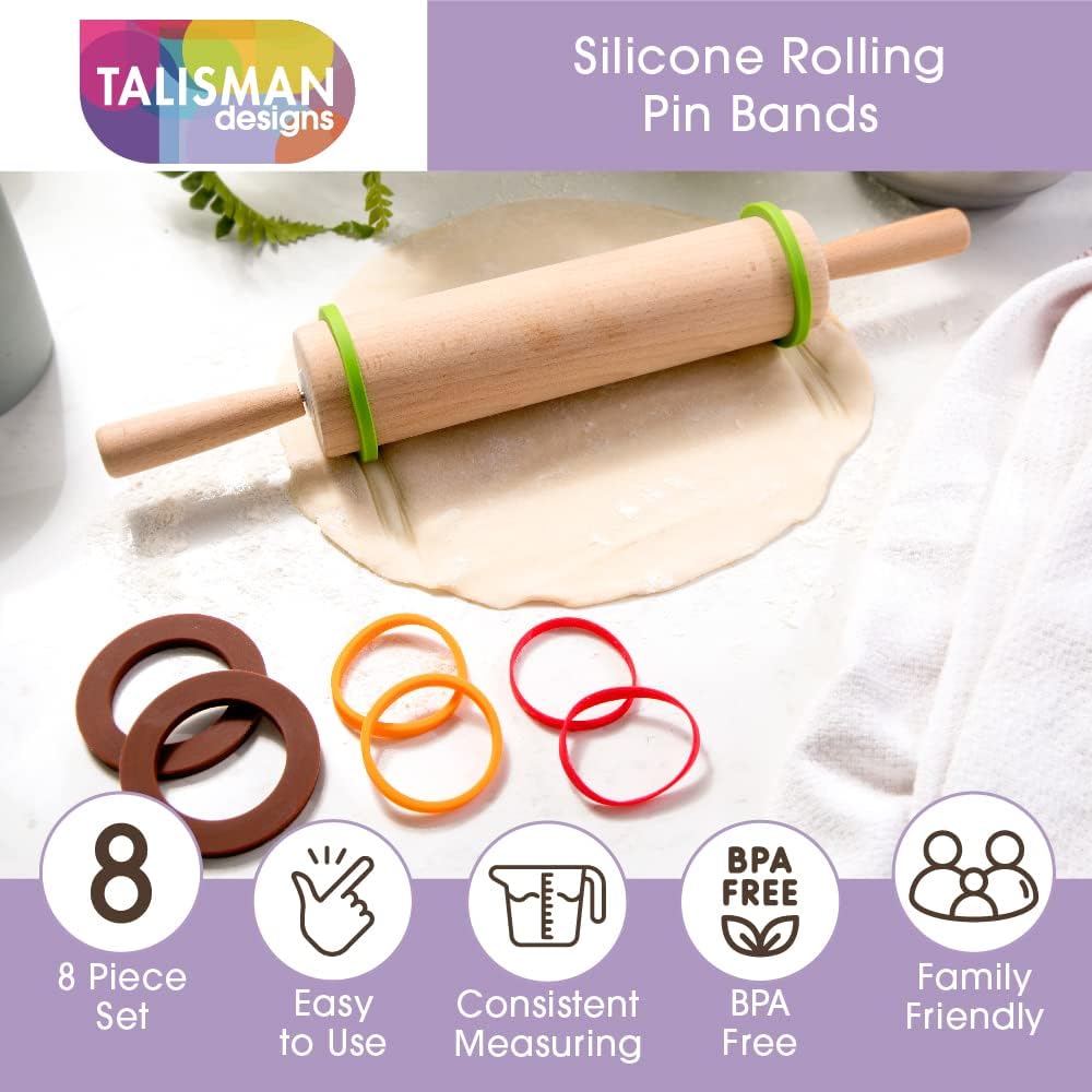 Talisman Designs Bandas de silicona para rodillos  Juego de 8 piezas  Garantiza el grosor de la masa  Accesorios para hornear  Anillos de rodillo