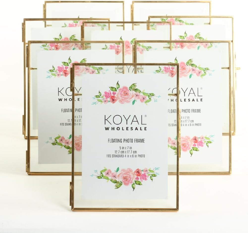 Koyal Wholesale Marcos de fotos flotantes de vidrio prensado de 5 x 7 pulgadas, color dorado, paquete de 8 con soportes para uso horizontal o