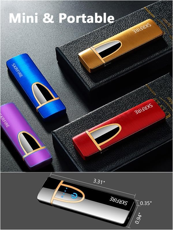 SKRFIRE Encendedor eléctrico ultrafino, turbo, de tungsteno, interruptor táctil, resistente al viento, encendedor USB recargable con indicador de