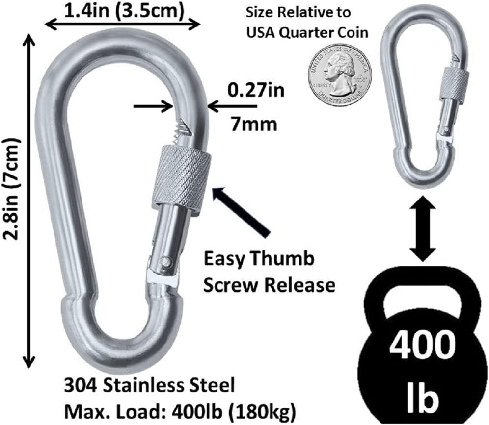 Mosquetón de bloqueo de tornillo de pulgar de acero inoxidable resistente, ganchos de enlace de clip a presión. Carga de 200 a 400 libras. 6