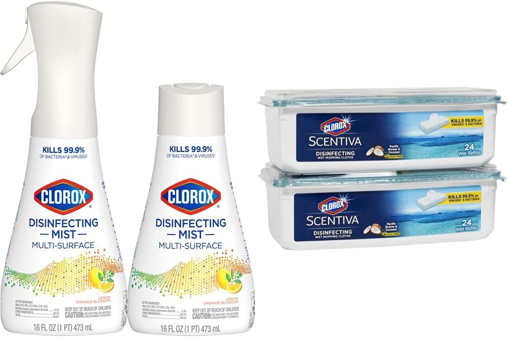 Clorox Paquete de limpieza desinfectante con aroma a limón y flor de naranja (1 botella de spray y 1 recarga, 16 onzas líquidas cada uno) paños de