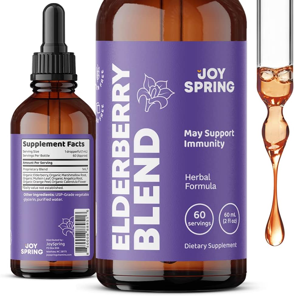 JoySpring Gotas naturales de saúco para niños para ayudar a la función inmunológica y multivitamínico diario con raíz de bardana y baya de saúco
