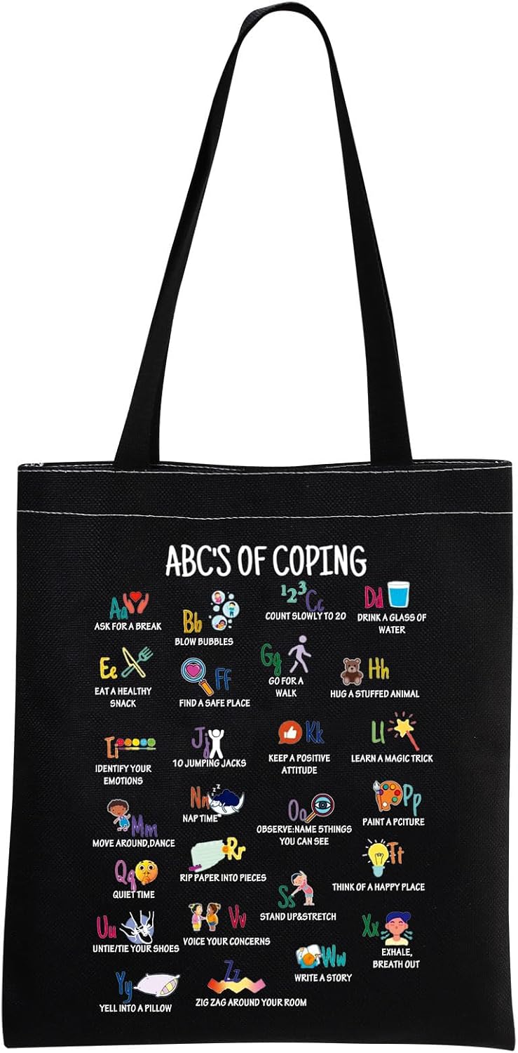 Bolsa de mano con alfabeto de afrontamiento, regalo de salud mental, bolsa de mano para el consejero psicólogo