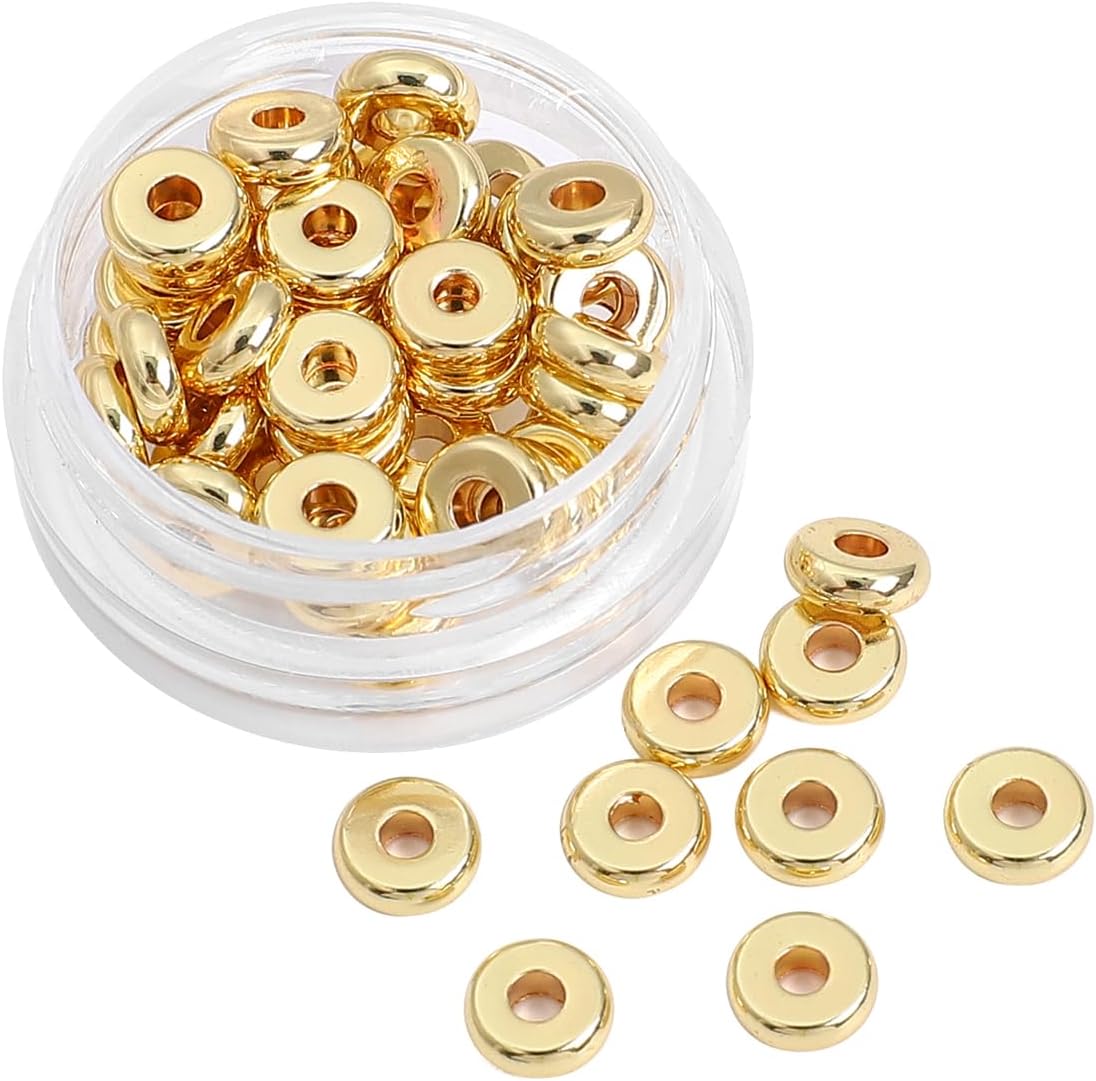 Cuentas espaciadoras de disco chapadas en oro de 14 quilates de 0.236 x 0.079 in, 50 unidades para hacer joyas, no se deslustran