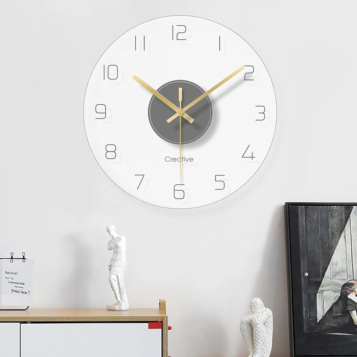 Reloj de pared de cristal transparente de 12 pulgadas, sin tictac, funciona con pilas, movimiento ultra silencioso, de cuarzo, para oficina, aula,