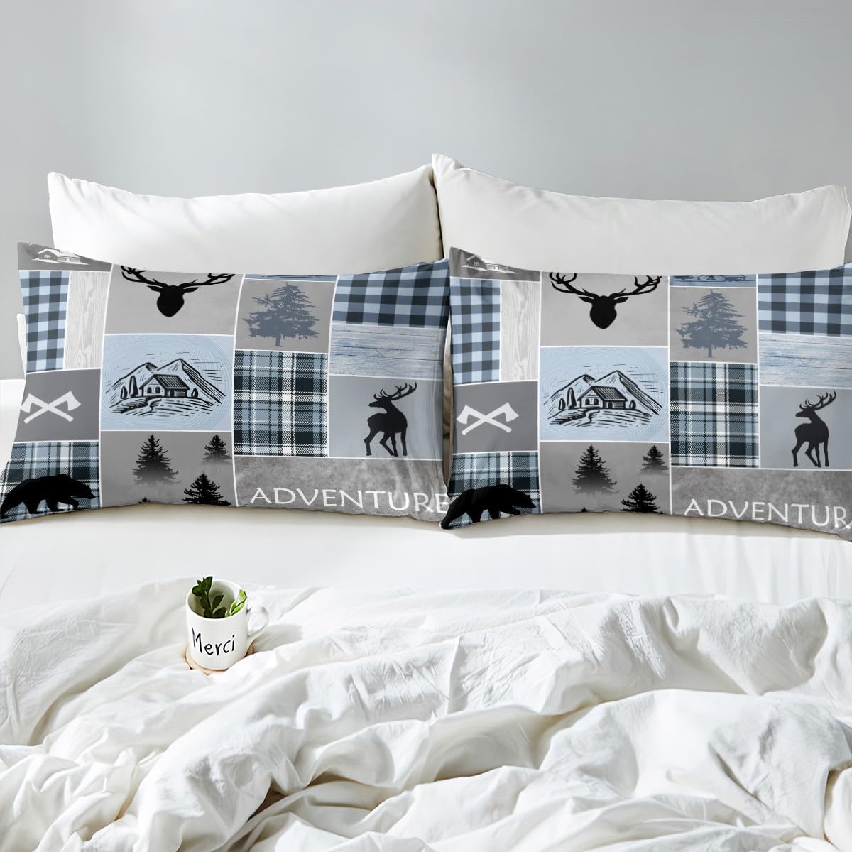 Juego de edredón de cabaña, juego de ropa de cama rústica de oso y ciervo, tamaño matrimonial para niños, adolescentes y adultos, edredón de