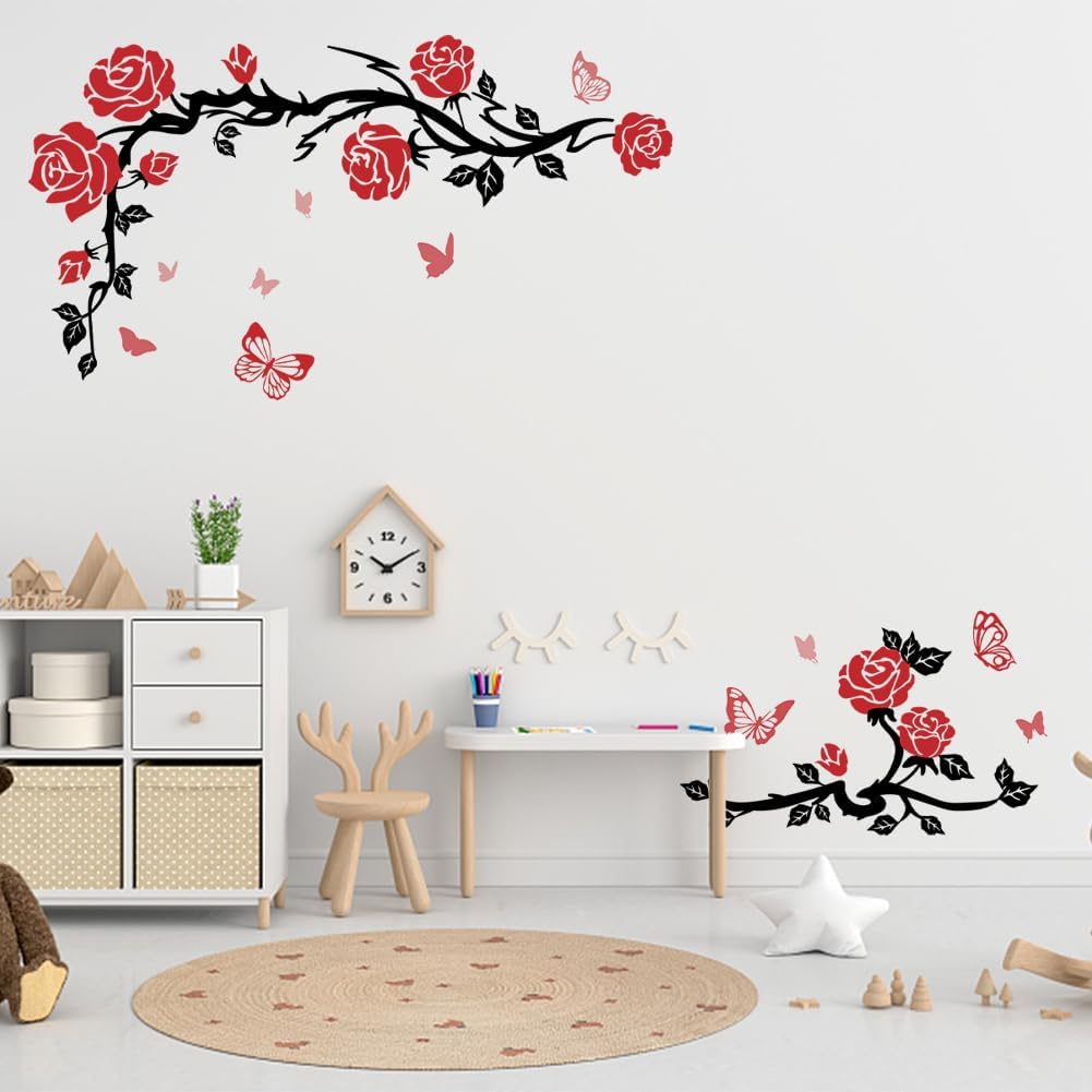 SUPERDANT Calcomanías románticas de pared de rosas rojas, mariposas rojas, calcomanías de pared con ramas negras, hojas, decoración de pared para el