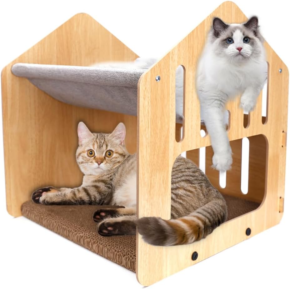 Salón rascador para gatos, 2 en 1, casa para gatos de doble capa con almohadillas rascadoras y cama y hamaca para descansar y moler garras, poste
