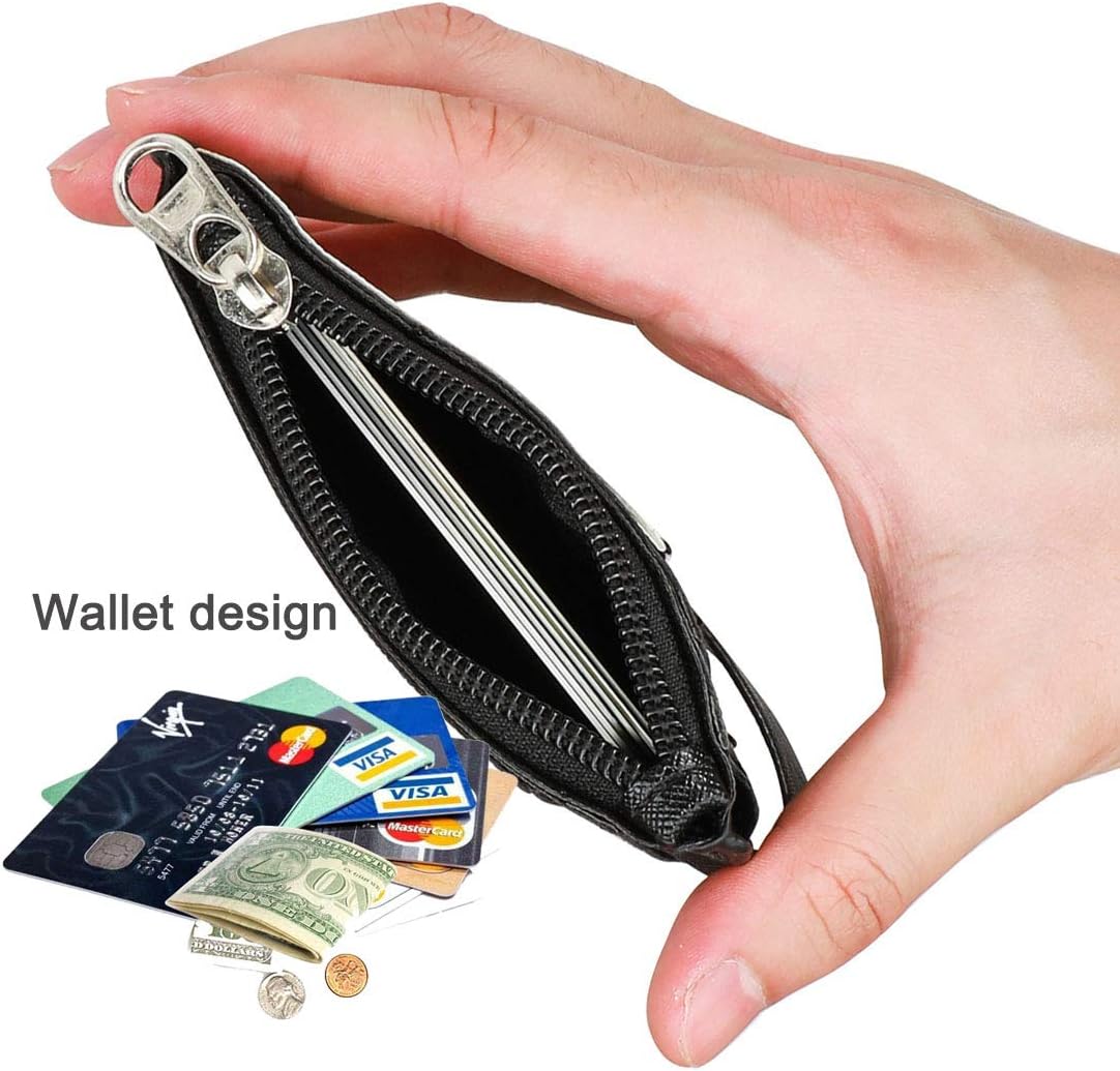 HASFINE – Soporte para tarjetas de identificación con zíper, tarjetero de piel, tarjetero con zíper, 2 caras, 5 ranuras para tarjetas y llavero para