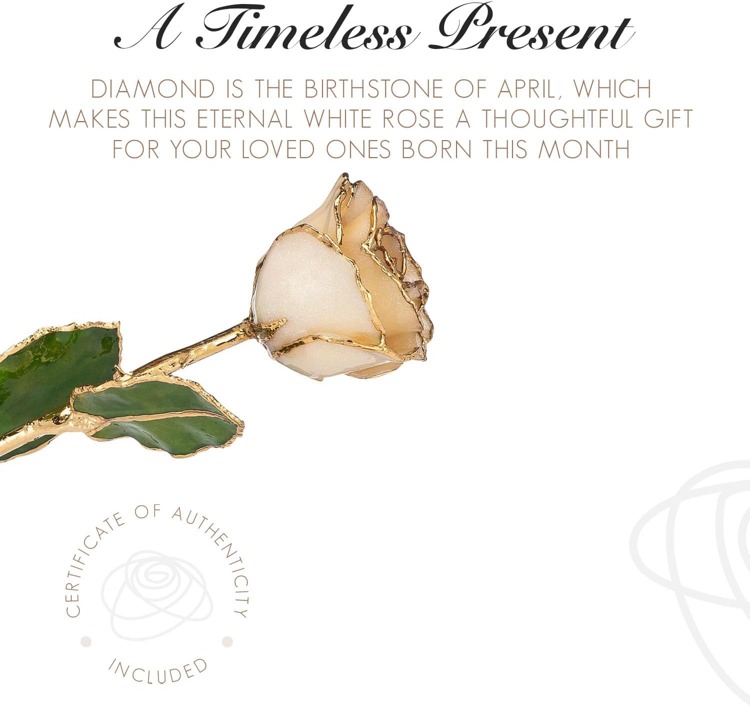 Forever Rose Rosa de diamante bañada en oro de 24 quilates, piedra natal de abril, una rosa blanca real única y eterna sumergida en oro de 24