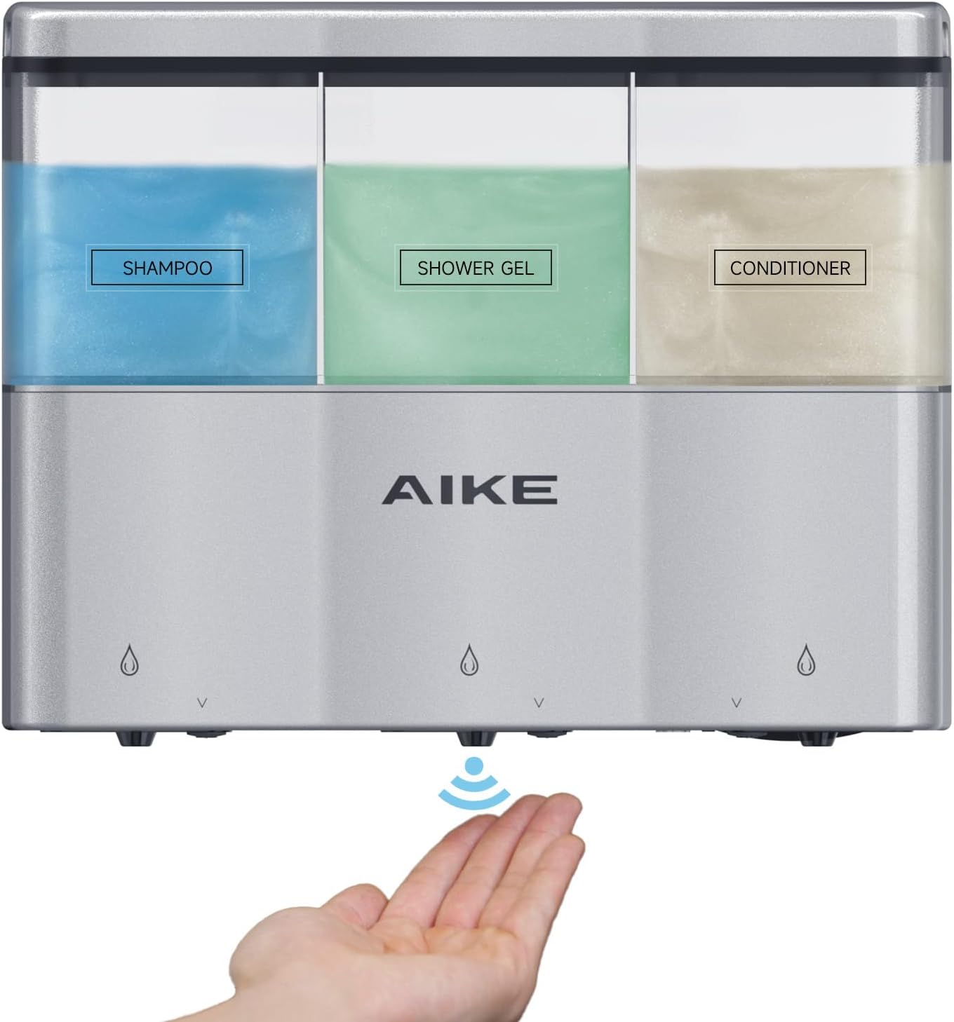 AIKE Dispensador de champú de ducha sin contacto para montaje en pared, cámaras triples, 3 x 10 fl.oz, funciona con pilas, color plateado