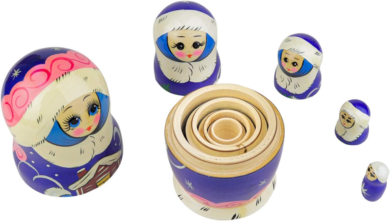 Heka Naturals Snow Maiden Nesting Dolls  All Natural Wooden Matryoshka Doll Set of 5 (7 Inch) – Traditional Babushka Home Decor, Wooden Stacking