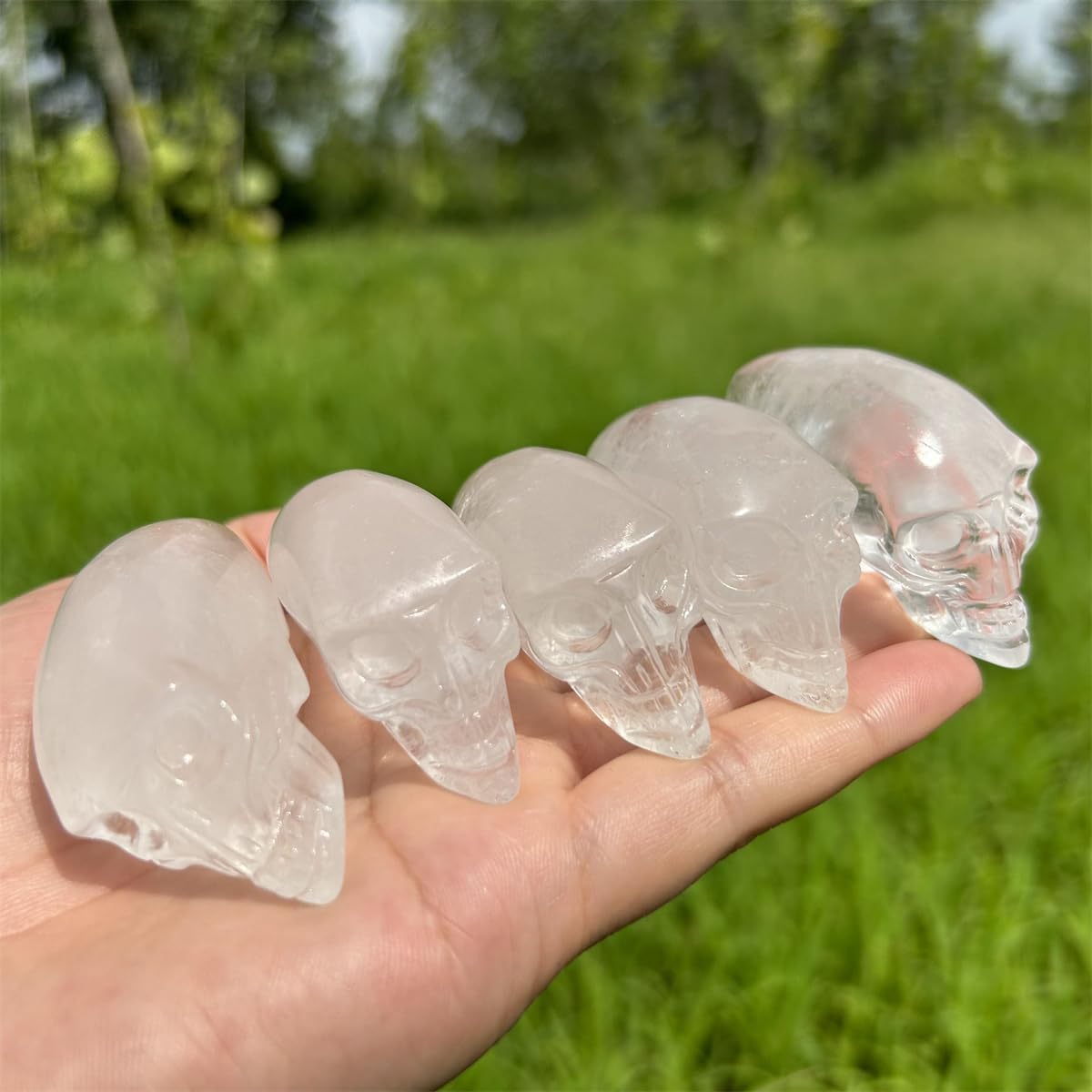 Figura de calavera alargada de cristal de cuarzo transparente de 2.2 pulgadas, cristales decorativos y piedra curativa tallada a mano con piedras