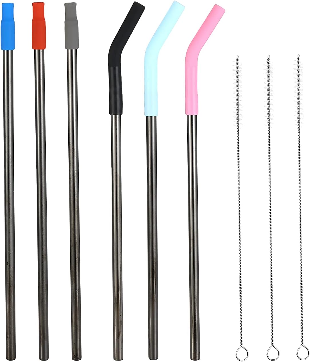 IRON FLASK Pajitas reutilizables, 6 popotes de acero inoxidable o plástico con puntas de silicona flexibles, 3 cepillos de limpieza y estuche de