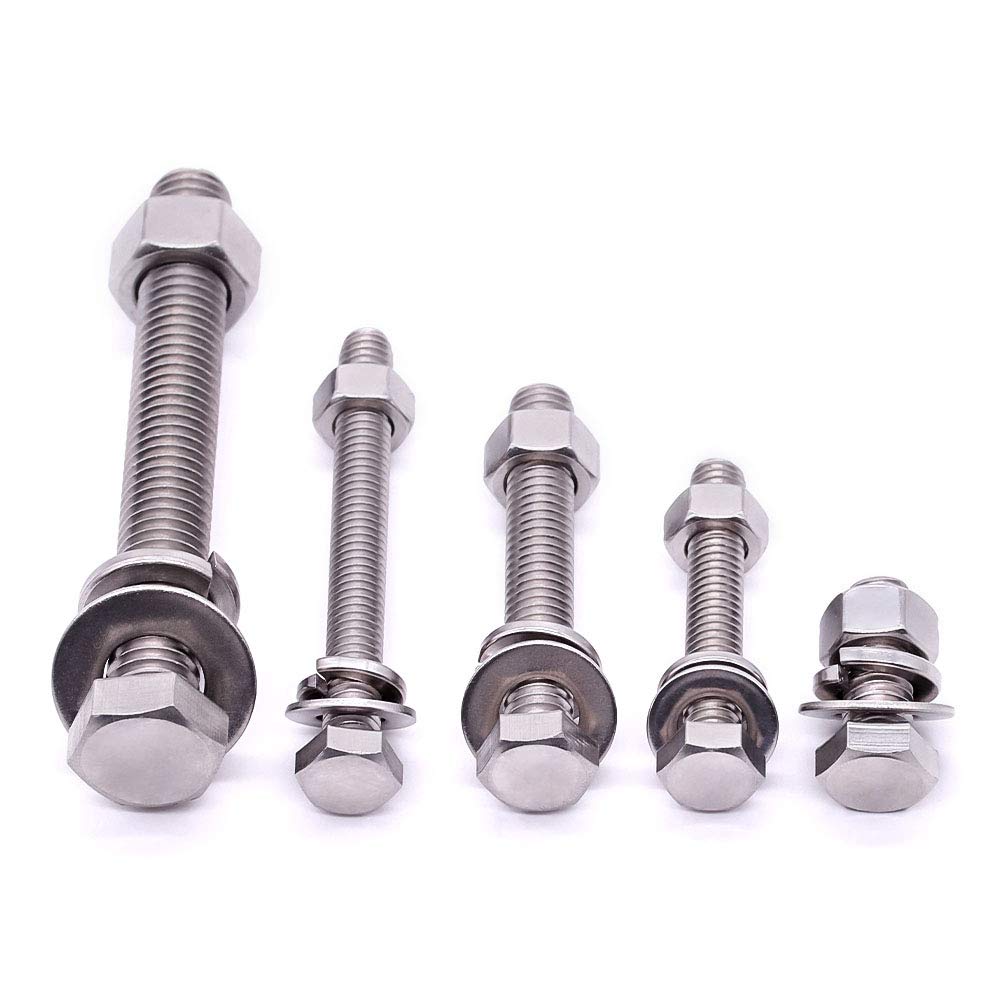 Tornillos hexagonales de acero inoxidable de 14-20 x 3-12 pulgadas (10 juegos) con tuercas arandelas planas, arandelas de bloqueo, 304 SS 18-8,