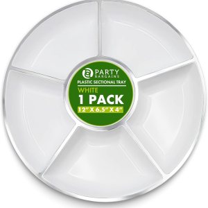PARTY BARGAINS Bandeja redonda de plástico de 6 secciones, 12 pulgadas, color blanco con borde plateado, paquete de 1, platos reutilizables para PARTY BARGAINS Bandeja redonda de plástico de 6 secciones, 12 pulgadas, color blanco con borde plateado, paquete de 1, platos reutilizables para