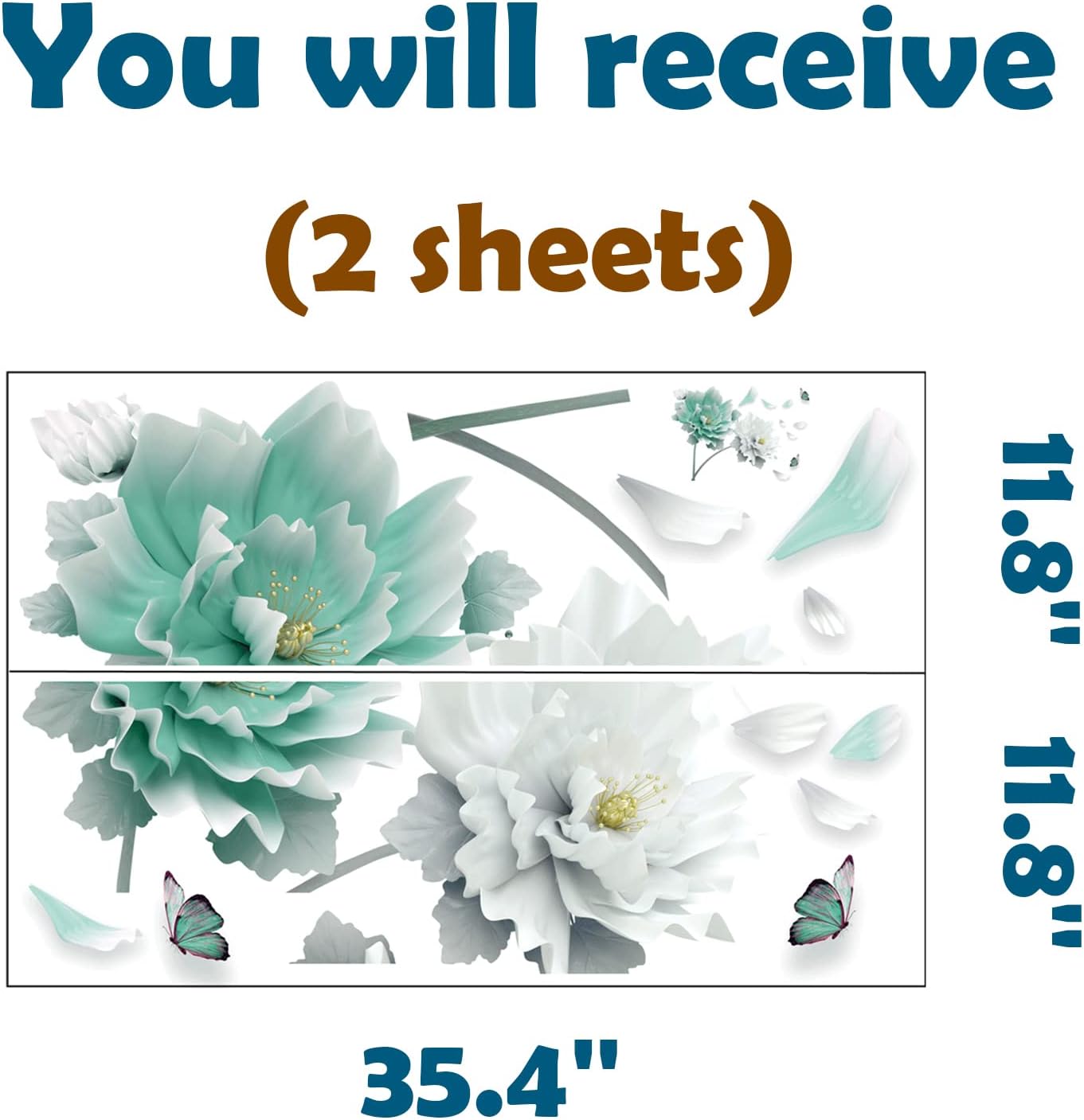 RoyoLam Calcomanías de pared grandes de flores cian, pétalos, mariposas, calcomanías de pared florales para sala de estar, removibles, despegar y