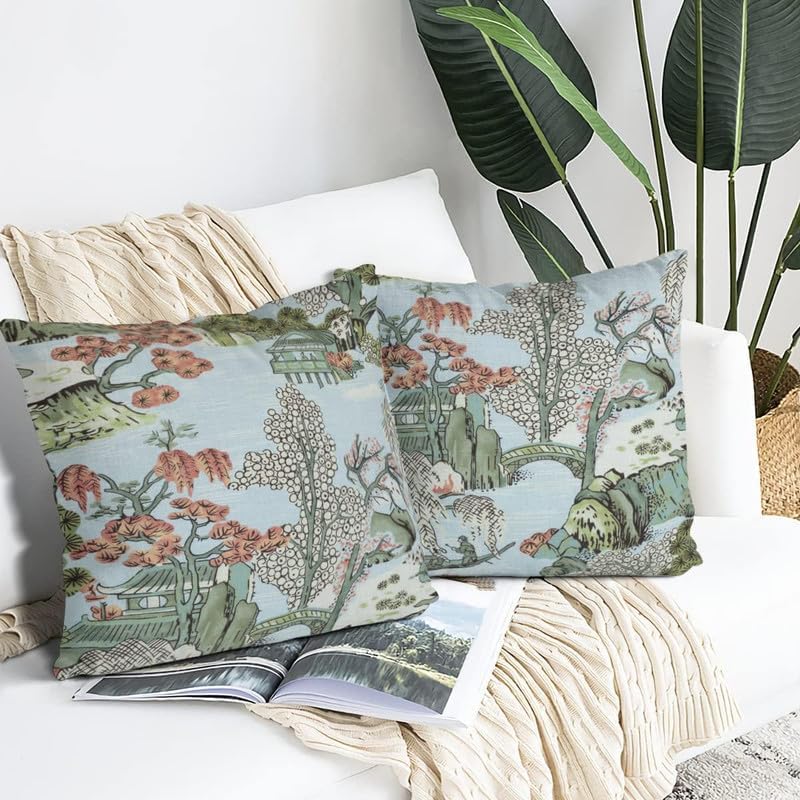 Chinoiserie – Juego de 2 fundas de almohada de 20 x 20 pulgadas, color azul y blanco, fundas de almohada decorativas de lino para exteriores, fundas