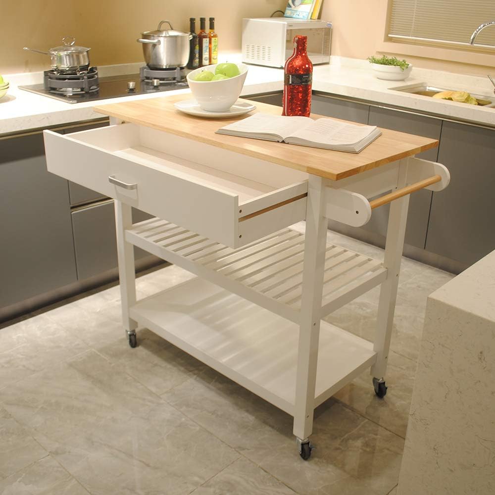 GLANZEND Carrito de isla de cocina, isla de cocina móvil con estante de almacenamiento, cajón, 2 ruedas con cerradura, parte superior de madera de