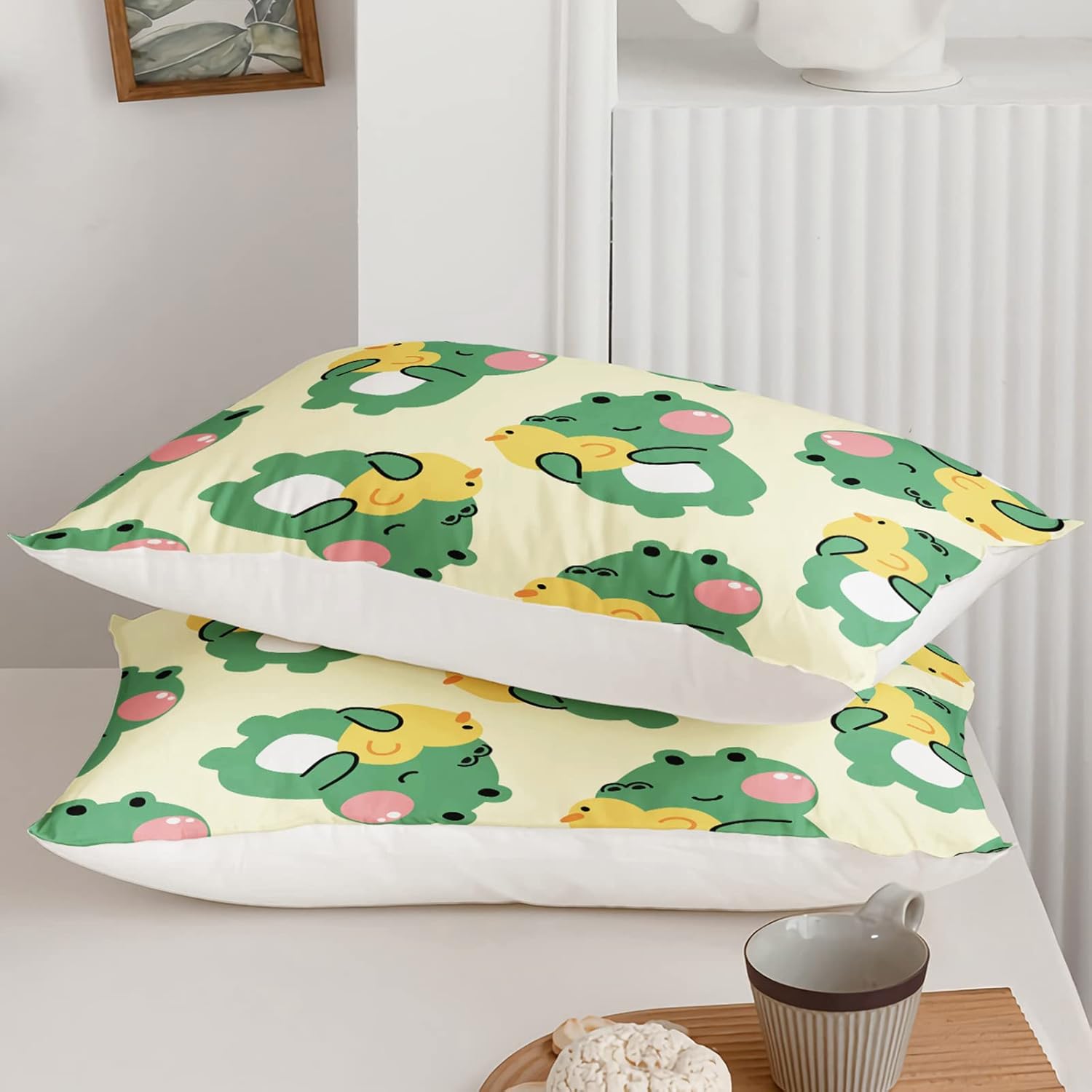 Juego de edredón de 3 piezas con estampado de rana de dibujos animados y 2 fundas de almohada, suave y ligero, para todas las estaciones