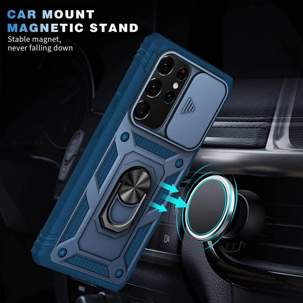 Funda para Samsung Galaxy S21 Ultra con cubierta deslizante para cámara y ranura para tarjeta y soporte de anillo, a prueba de golpes, grado