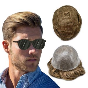 Pieza de pelo para hombre, tupé de cabello humano para hombres, piezas de cabello, sistema de reemplazo de aire de piel de polietileno para hombres Pieza de pelo para hombre, tupé de cabello humano para hombres, piezas de cabello, sistema de reemplazo de aire de piel de polietileno para hombres