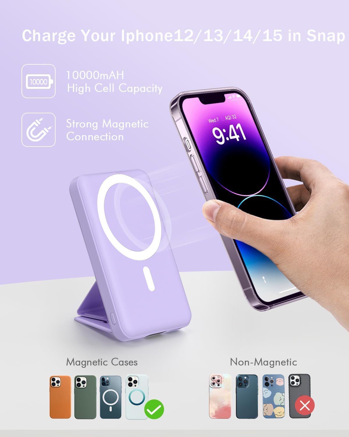 podoru Cargador portátil inalámbrico, banco de energía magnético plegable de 10000 mAh con cable tipo C, pantalla LED de 22.5 W PD de carga rápida,