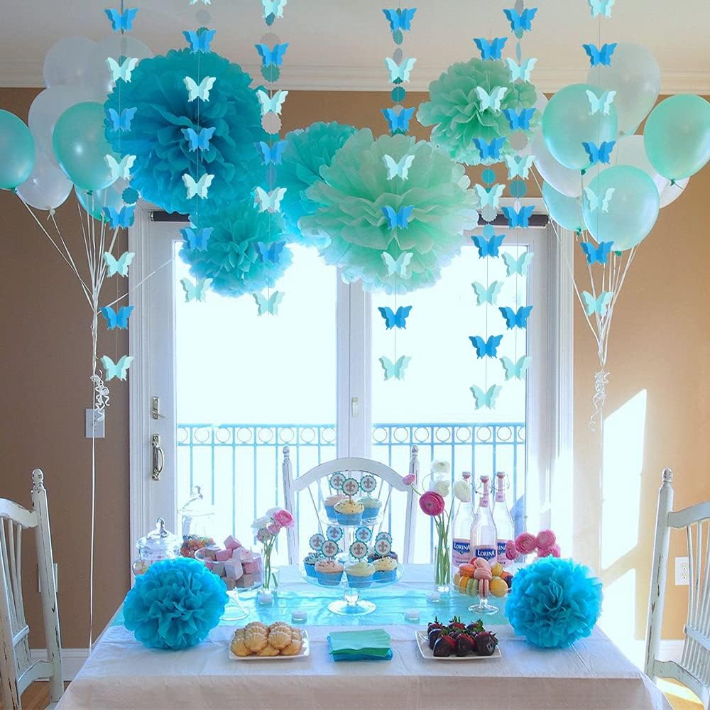 Guirnalda de papel de mariposa azul 3D para colgar en el hogar, decoración de techo, fiesta de cumpleaños, baby shower, boda, suministros de