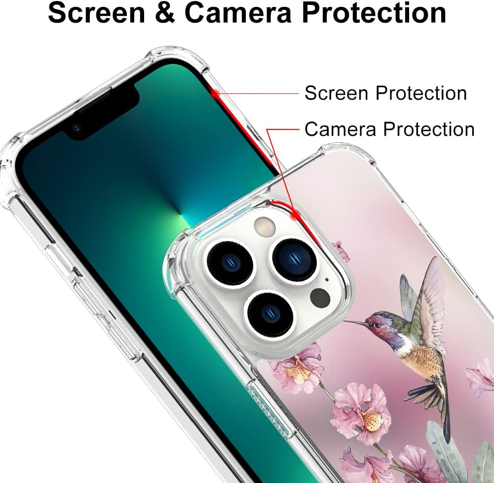 OOK Funda transparente compatible con iPhone 13 Pro Max, diseño de colibrí rosa, TPU flexible, a prueba de golpes, antiarañazos, funda transparente