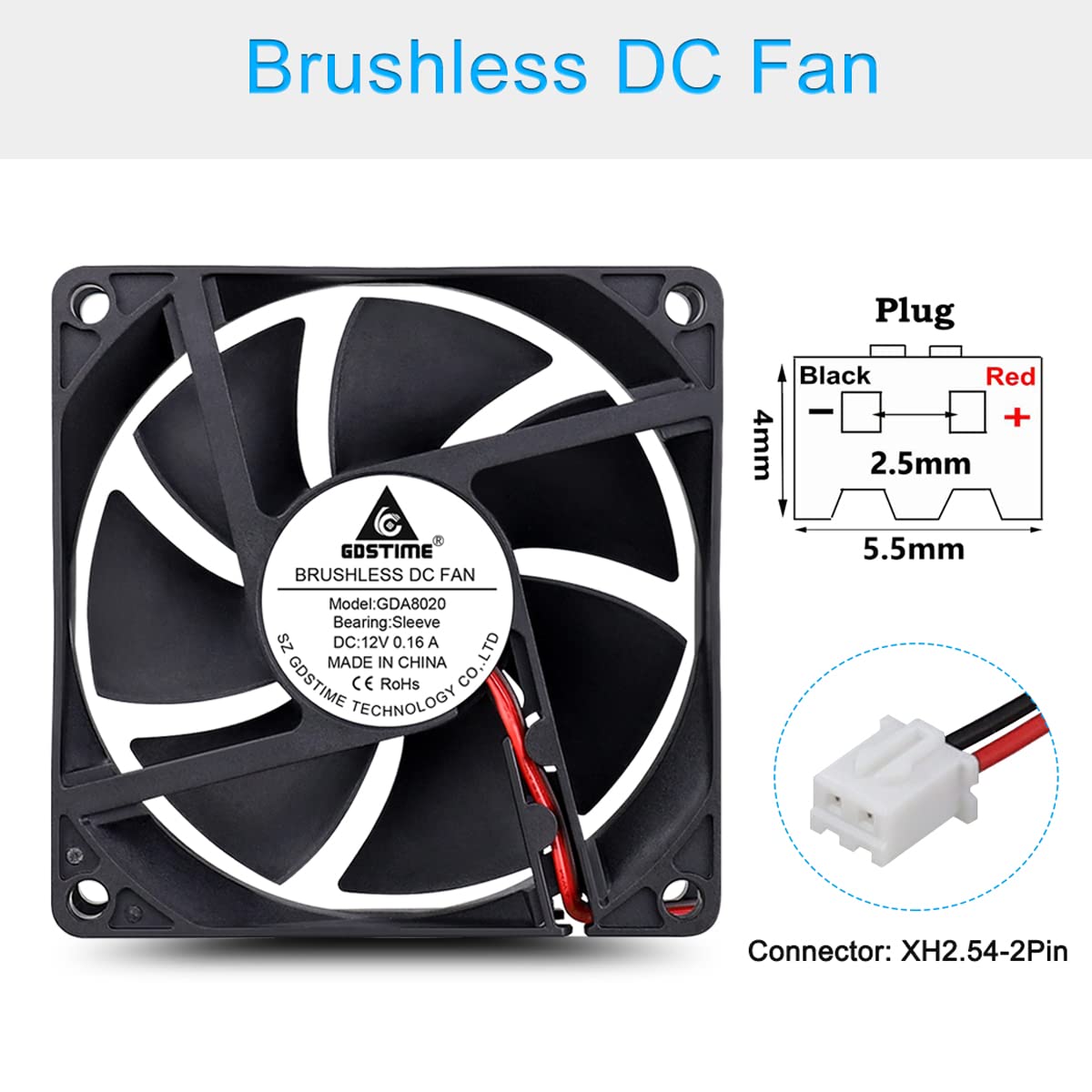 GDSTIME 3.150 in x 0.787 in 8020 12V DC sin escobillas ventilador de enfriamiento manga rodamiento 2Pin