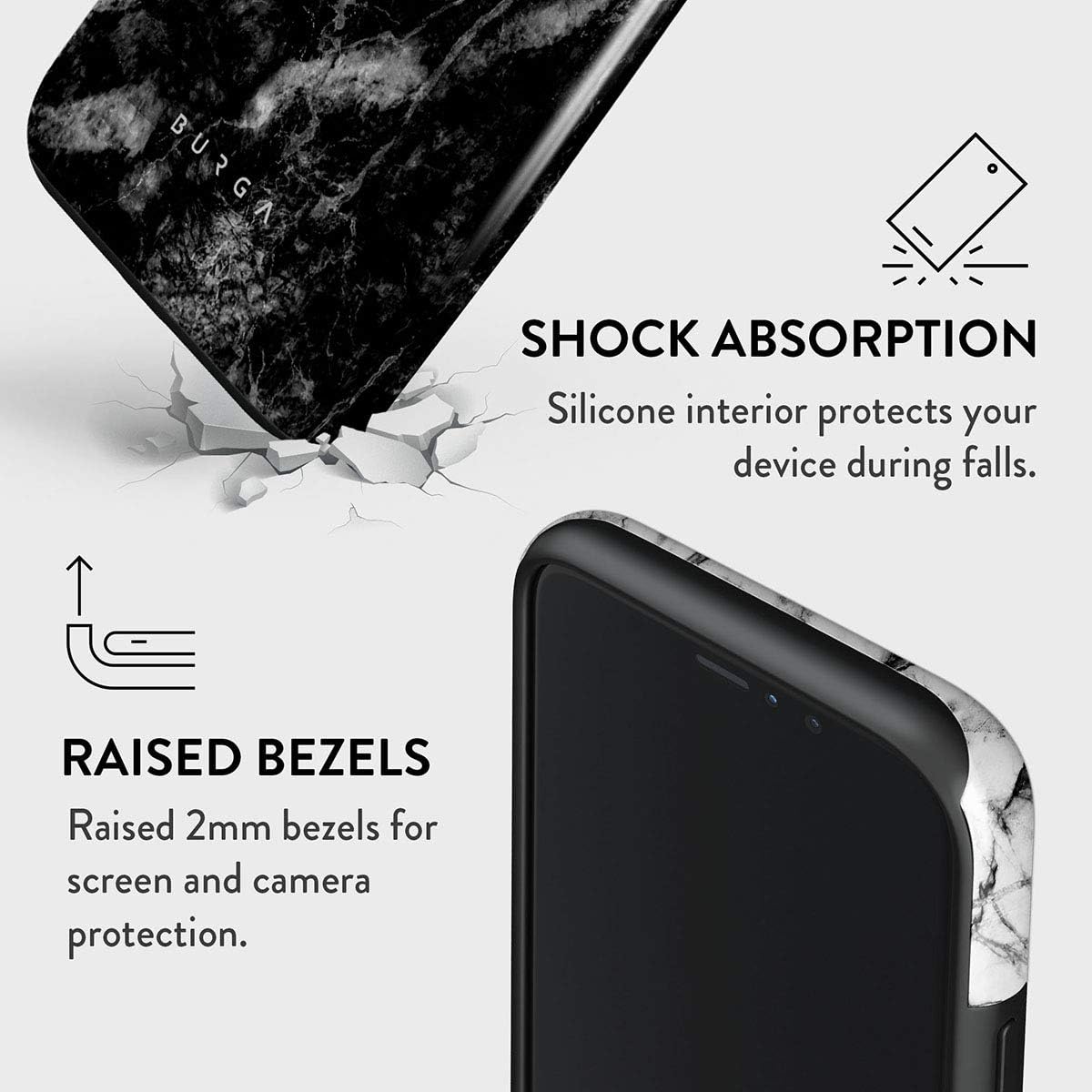 BURGA – Funda compatible con iPhone 11 PRO MAX, carcasa rígida híbrida de 2 capas + Funda de silicona, Fatal Contradiction (marmolado blanco y negro