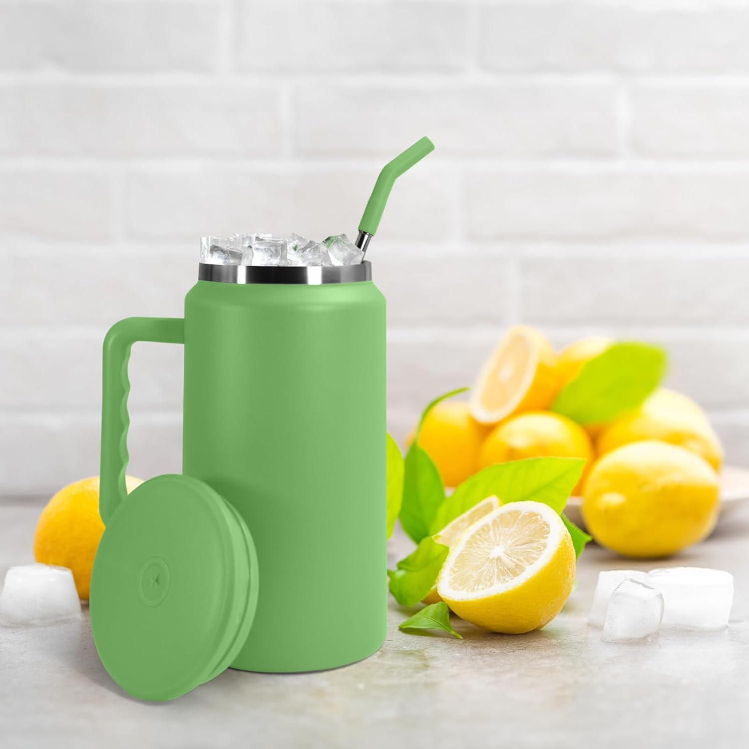 AGH Vaso de 50 onzas con asa, taza aislada de acero inoxidable de doble pared sellada al vacío con tapa y popote, mantiene el agua fría 36 horas,