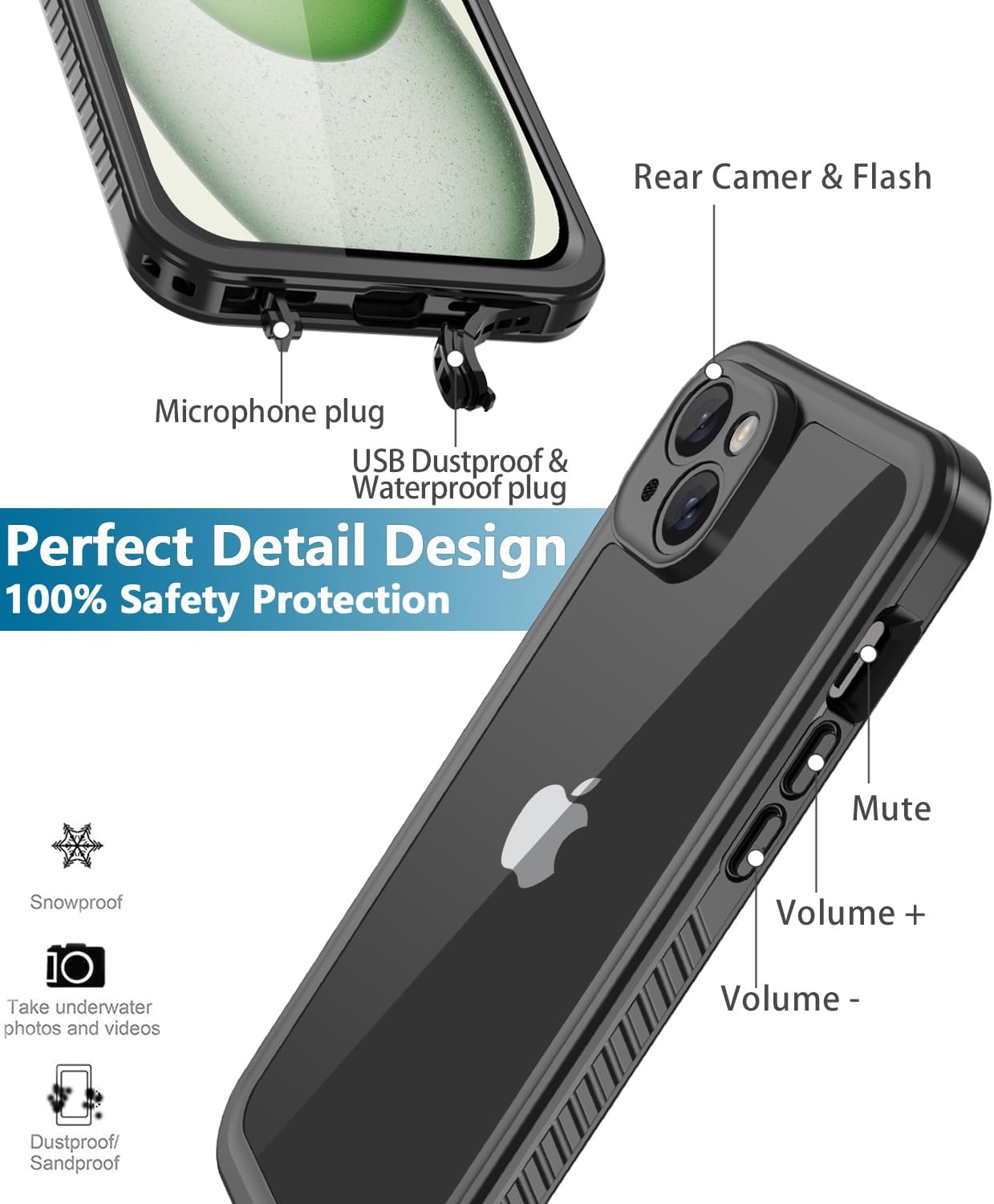 Diverbox Funda para iPhone 15 de 10 pies resistente al agua a prueba de golpes a prueba de caídas a prueba de caídas a prueba de polvo protector de